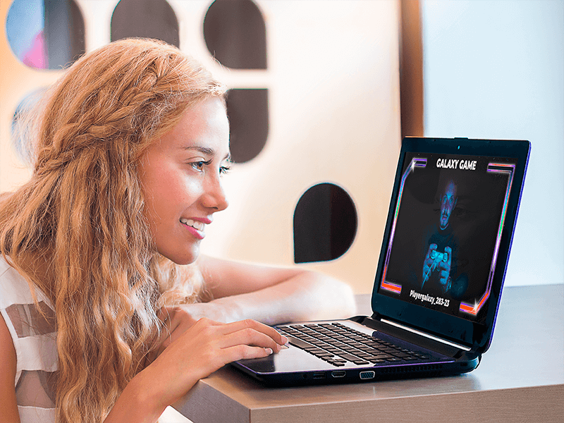 Girl Chatting On Windows Laptop At Home Mockup Template