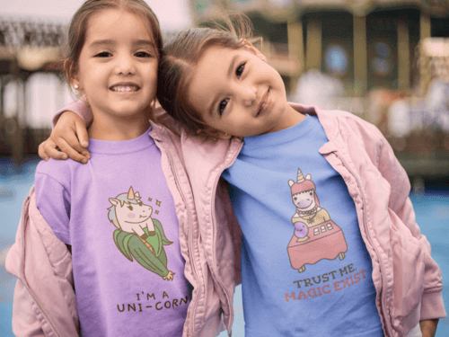 Round Neck Tee Mockup Featuring Little Twin Sisters Hugging